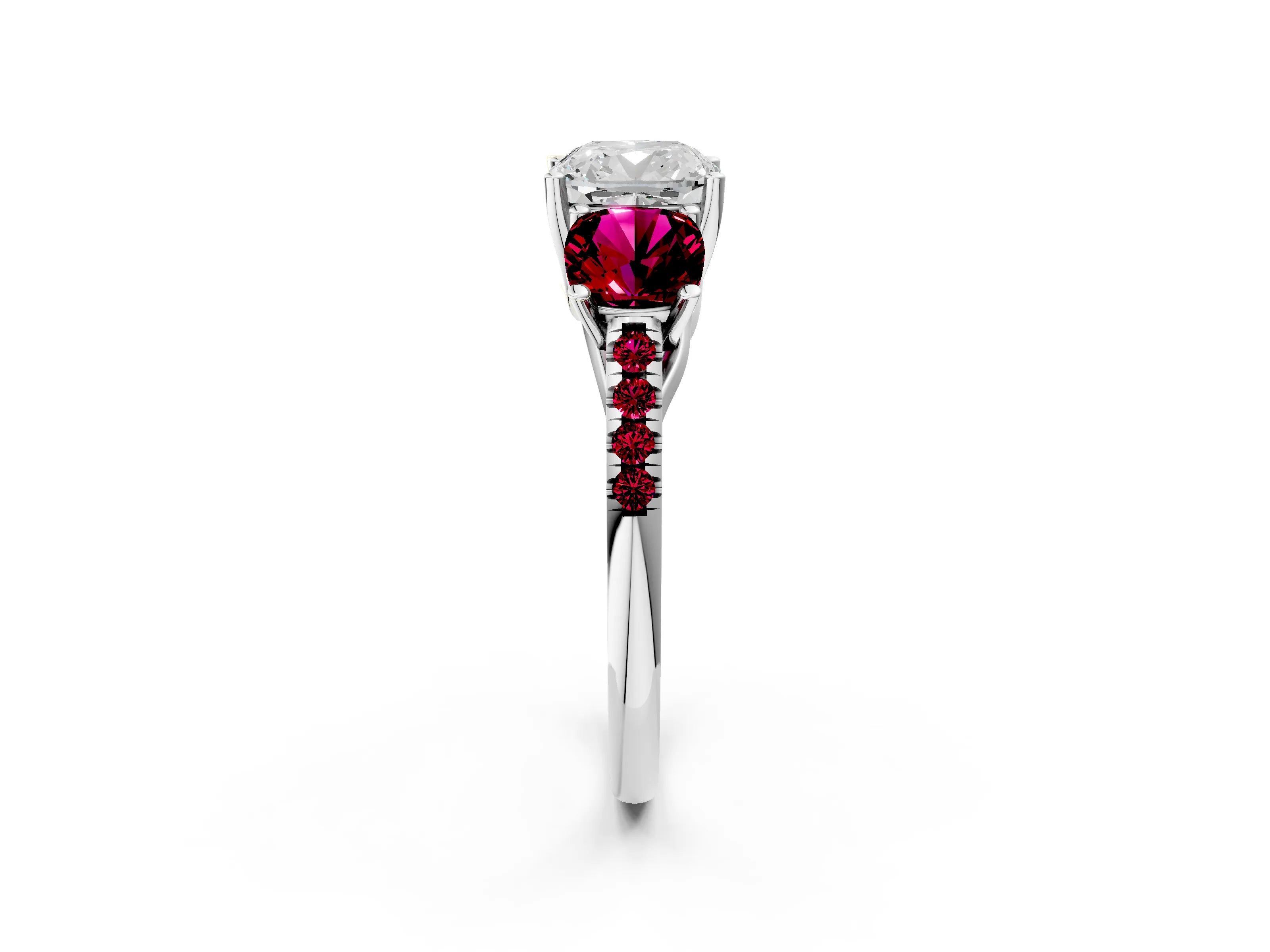 White gold Three-Stone Cushion Cut Diamond Ring with Round with Garnet side stone Pavé Band and Prong Setting_2