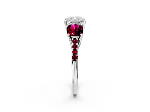 White gold Three-Stone Cushion Cut Diamond Ring with Round with Garnet side stone Pavé Band and Prong Setting_2