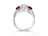 White gold Three-Stone Cushion Cut Diamond Ring with Round with Garnet side stone Pavé Band and Prong Setting_3