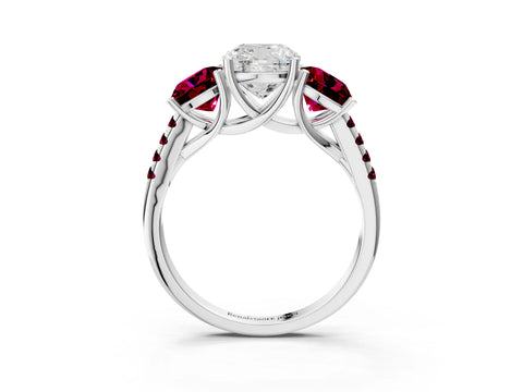 White gold Three-Stone Cushion Cut Diamond Ring with Round with Garnet side stone Pavé Band and Prong Setting_3