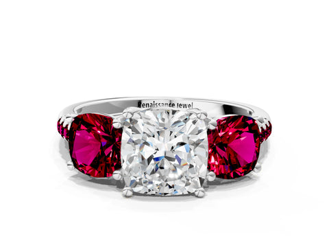 White gold Three-Stone Cushion Cut Diamond Ring with Round with Garnet side stone Pavé Band and Prong Setting