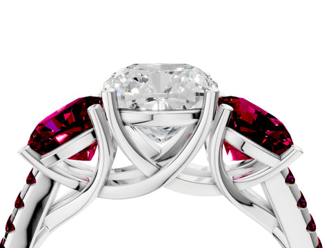 White gold Three-Stone Cushion Cut Diamond Ring with Round with Garnet side stone Pavé Band and Prong Setting_4