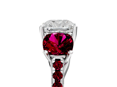 White gold Three-Stone Cushion Cut Diamond Ring with Round with Garnet side stone Pavé Band and Prong Setting_5