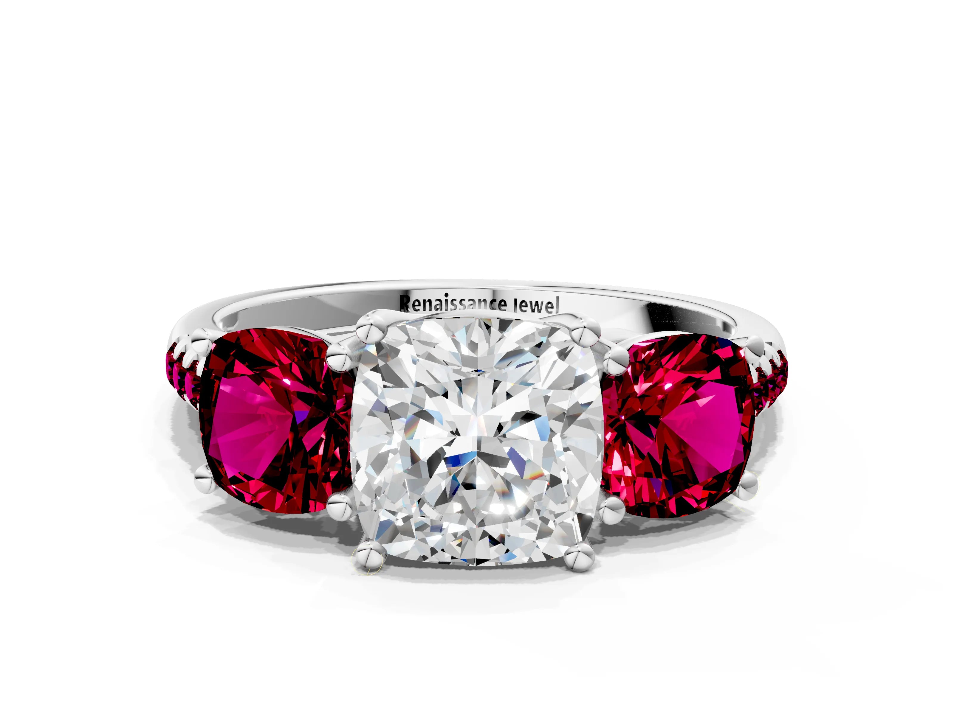 White gold Three-Stone Cushion Cut Diamond Ring with Round with Garnet side stone Pavé Band and Prong Setting