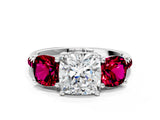 White gold Three-Stone Cushion Cut Diamond Ring with Round with Garnet side stone Pavé Band and Prong Setting