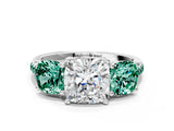 White gold Three-Stone Cushion Cut Diamond Ring with Round with Green Sapphire side stone Pavé Band and Prong Setting