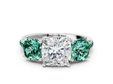 White gold Three-Stone Cushion Cut Diamond Ring with Round with Green Sapphire side stone Pavé Band and Prong Setting_12
