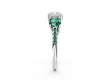 White gold Three-Stone Cushion Cut Diamond Ring with Round with Green Sapphire side stone Pavé Band and Prong Setting_14