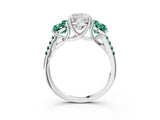 White gold Three-Stone Cushion Cut Diamond Ring with Round with Green Sapphire side stone Pavé Band and Prong Setting_15