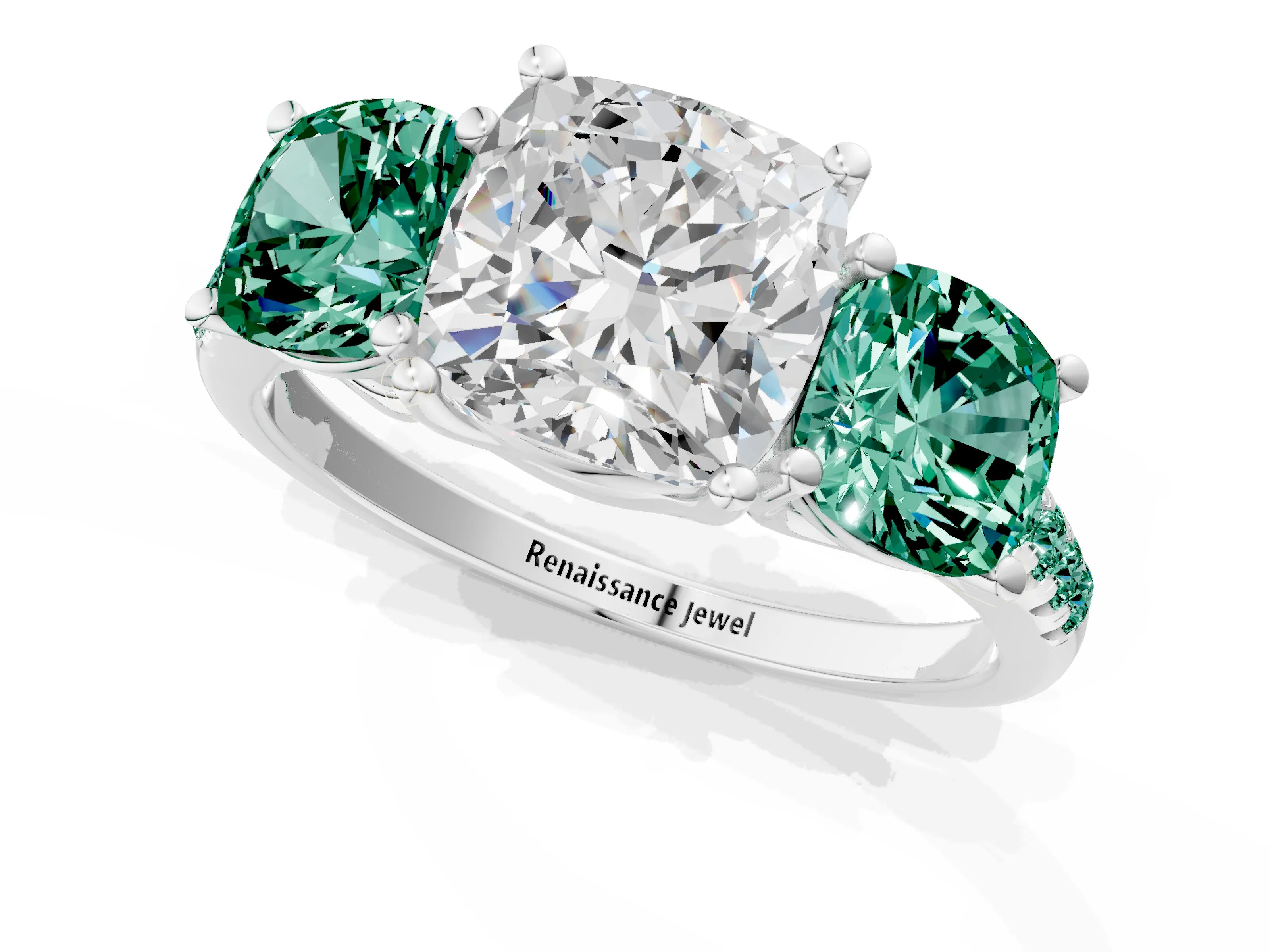 White gold Three-Stone Cushion Cut Diamond Ring with Round with Green Sapphire side stone Pavé Band and Prong Setting_1