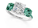White gold Three-Stone Cushion Cut Diamond Ring with Round with Green Sapphire side stone Pavé Band and Prong Setting_20