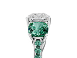 White gold Three-Stone Cushion Cut Diamond Ring with Round with Green Sapphire side stone Pavé Band and Prong Setting_24
