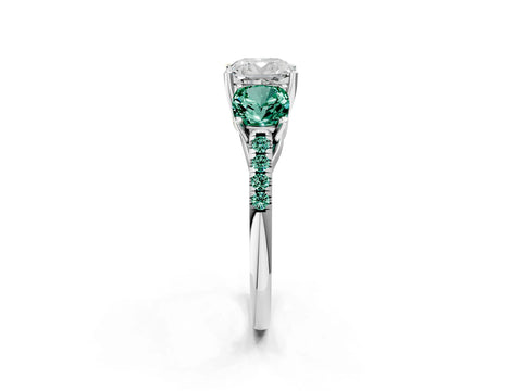 White gold Three-Stone Cushion Cut Diamond Ring with Round with Green Sapphire side stone Pavé Band and Prong Setting_2