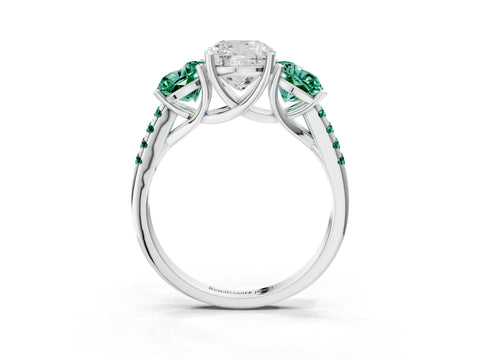 White gold Three-Stone Cushion Cut Diamond Ring with Round with Green Sapphire side stone Pavé Band and Prong Setting_3