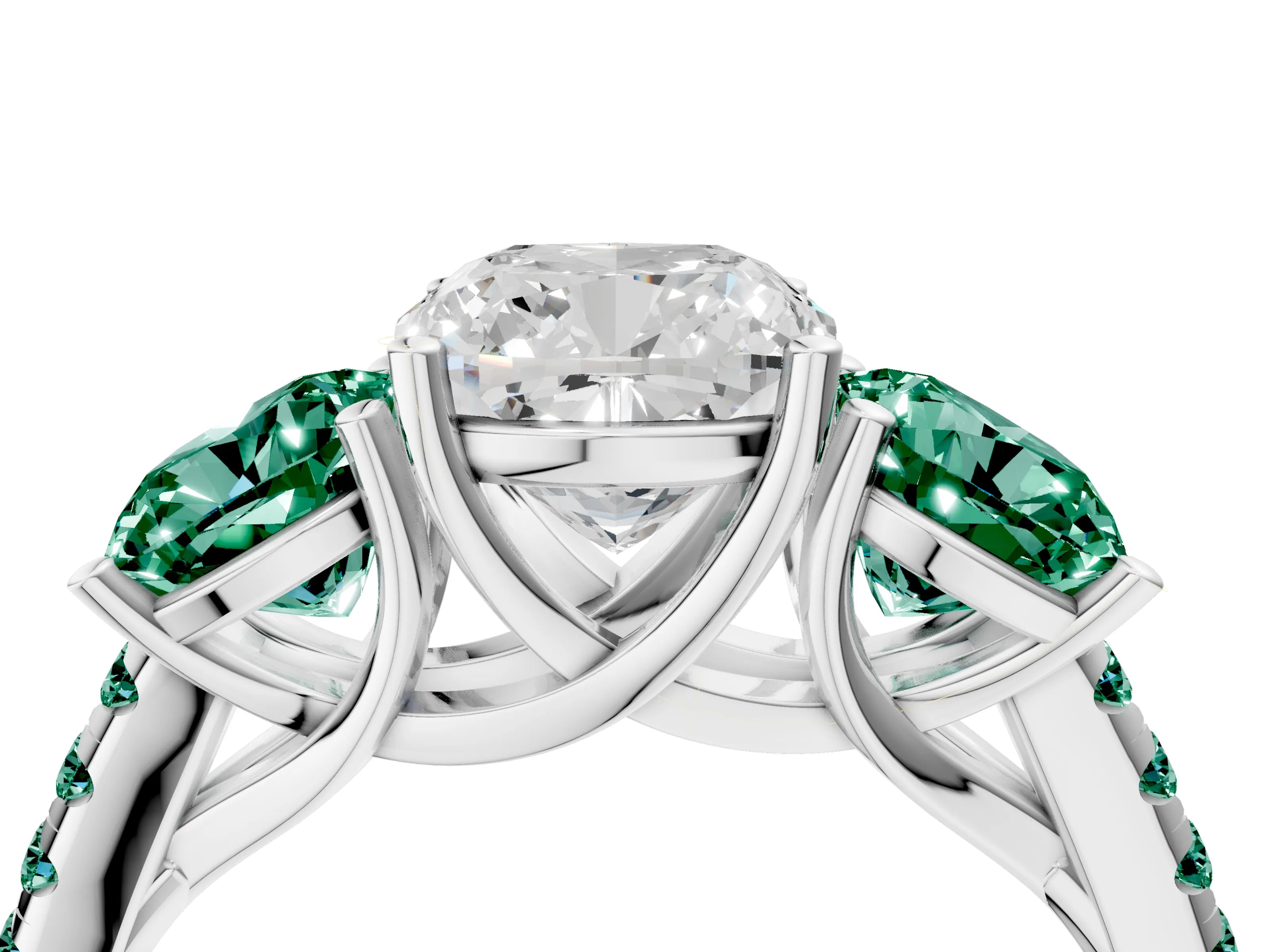 White gold Three-Stone Cushion Cut Diamond Ring with Round with Green Sapphire side stone Pavé Band and Prong Setting_4