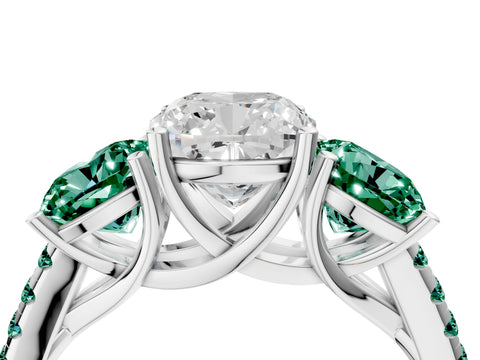 White gold Three-Stone Cushion Cut Diamond Ring with Round with Green Sapphire side stone Pavé Band and Prong Setting_4