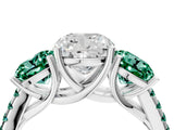 White gold Three-Stone Cushion Cut Diamond Ring with Round with Green Sapphire side stone Pavé Band and Prong Setting_4