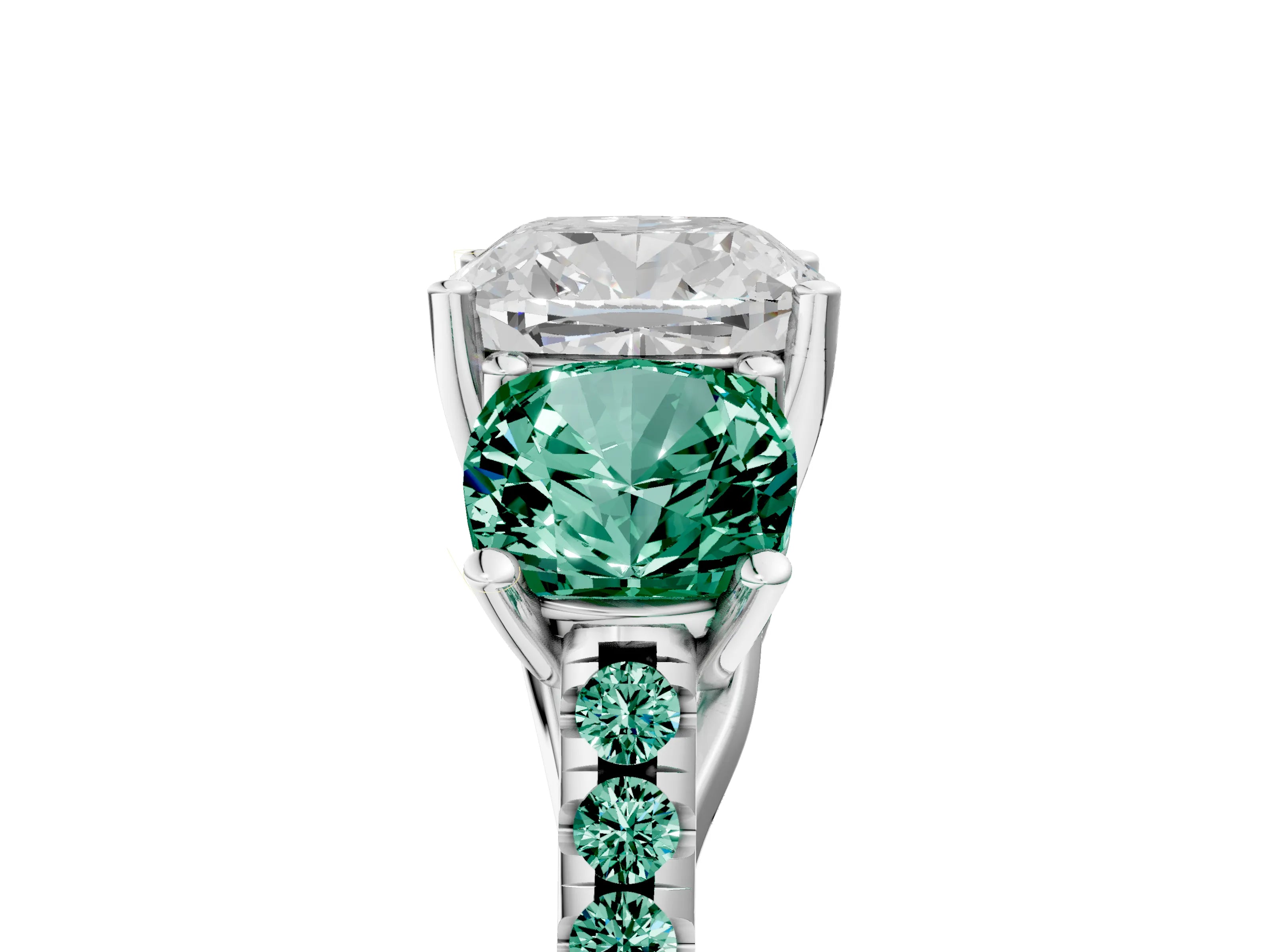 White gold Three-Stone Cushion Cut Diamond Ring with Round with Green Sapphire side stone Pavé Band and Prong Setting_5