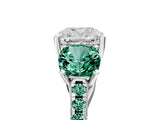 White gold Three-Stone Cushion Cut Diamond Ring with Round with Green Sapphire side stone Pavé Band and Prong Setting_5