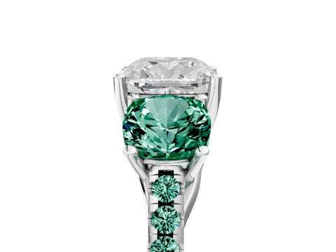 White gold Three-Stone Cushion Cut Diamond Ring with Round with Green Sapphire side stone Pavé Band and Prong Setting_5