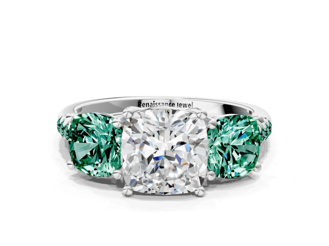 White gold Three-Stone Cushion Cut Diamond Ring with Round with Green Sapphire side stone Pavé Band and Prong Setting