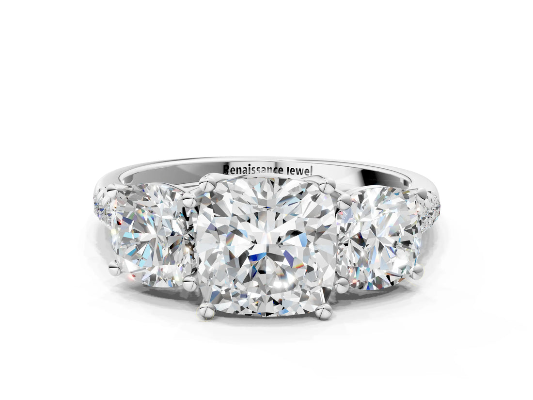 White gold Three-Stone Cushion Cut Diamond Ring with Round with Moissanite side stone Pavé Band and Prong Setting