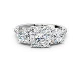 White gold Three-Stone Cushion Cut Diamond Ring with Round with Moissanite side stone Pavé Band and Prong Setting_12