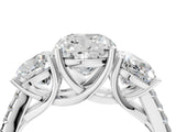 White gold Three-Stone Cushion Cut Diamond Ring with Round with Moissanite side stone Pavé Band and Prong Setting_16