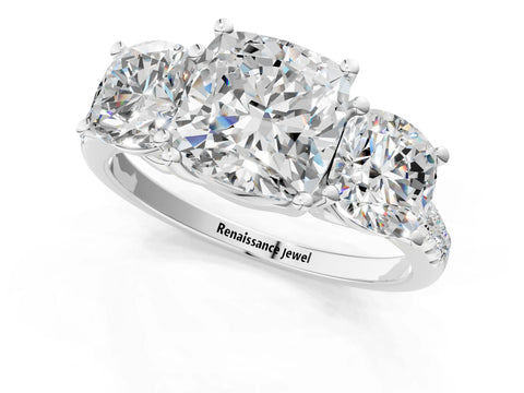 White gold Three-Stone Cushion Cut Diamond Ring with Round with Moissanite side stone Pavé Band and Prong Setting_1