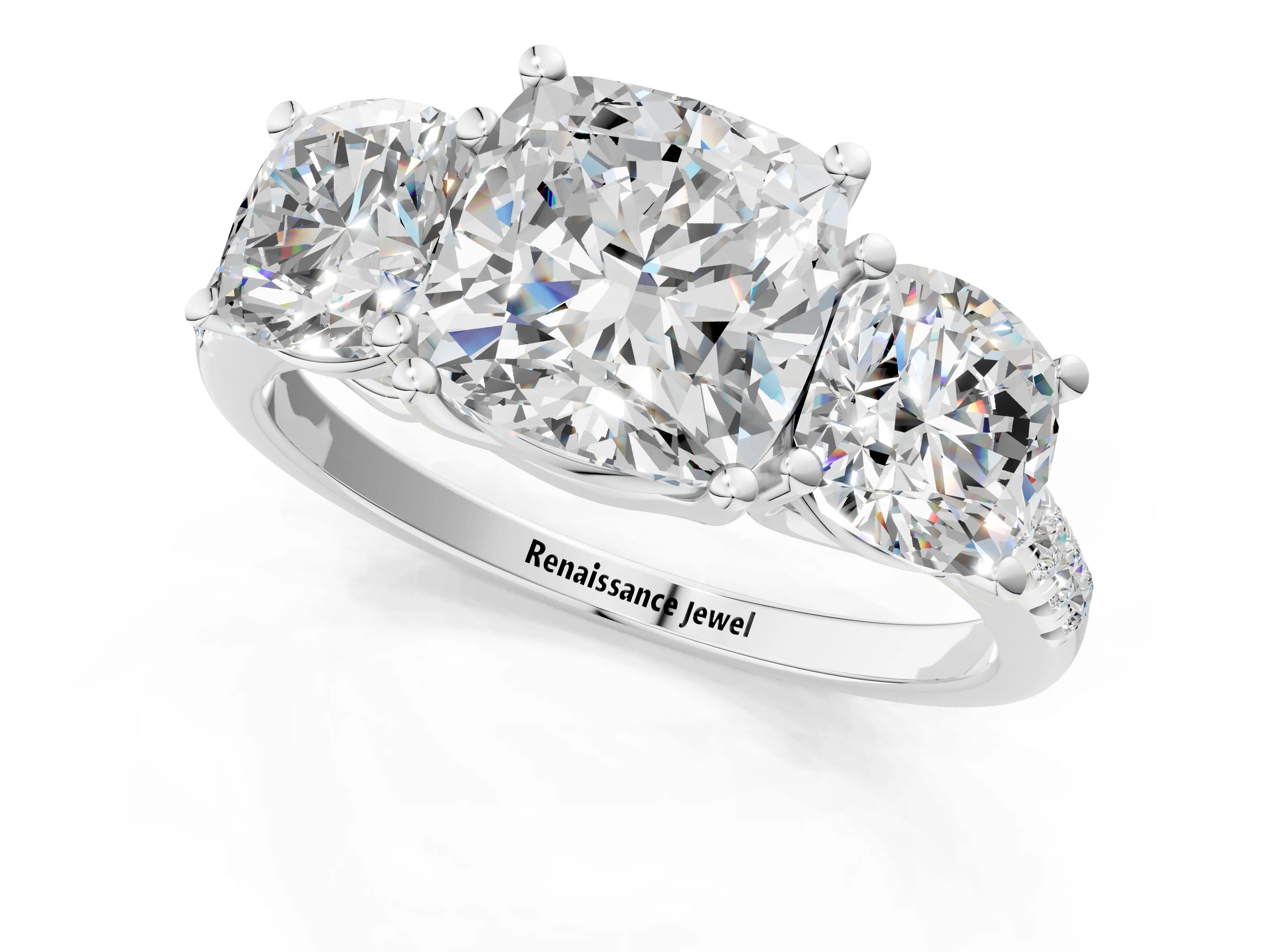 White gold Three-Stone Cushion Cut Diamond Ring with Round with Moissanite side stone Pavé Band and Prong Setting_1