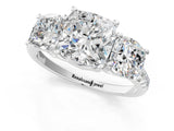 White gold Three-Stone Cushion Cut Diamond Ring with Round with Moissanite side stone Pavé Band and Prong Setting_1