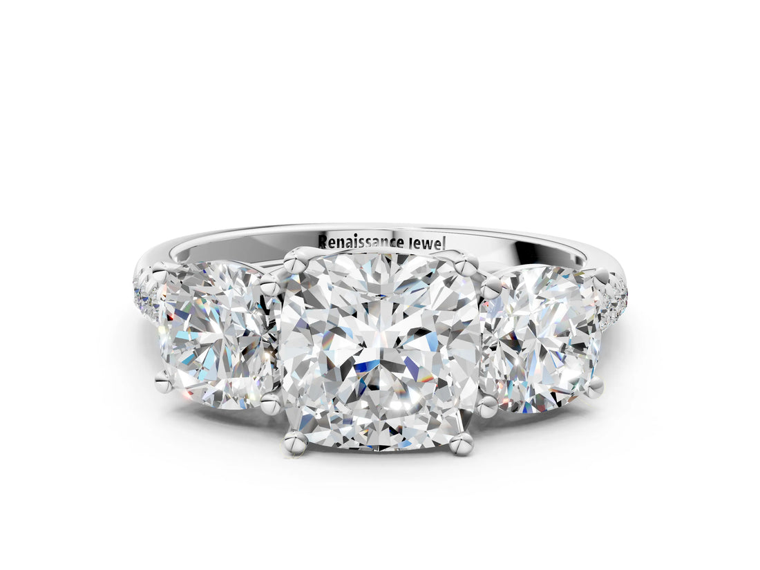 White gold Three-Stone Cushion Cut Diamond Ring with Round with Moissanite side stone Pavé Band and Prong Setting_22