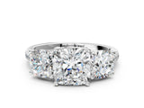 White gold Three-Stone Cushion Cut Diamond Ring with Round with Moissanite side stone Pavé Band and Prong Setting_22
