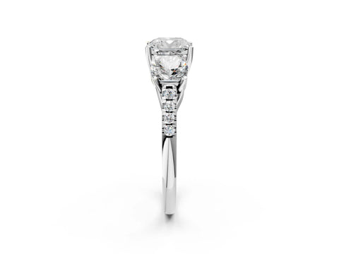 White gold Three-Stone Cushion Cut Diamond Ring with Round with Moissanite side stone Pavé Band and Prong Setting_2