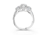 White gold Three-Stone Cushion Cut Diamond Ring with Round with Moissanite side stone Pavé Band and Prong Setting_3