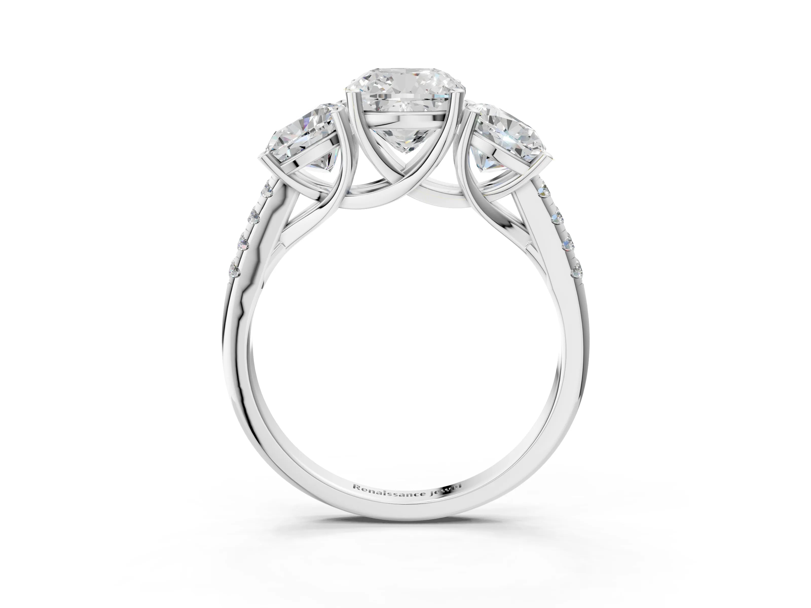 White gold Three-Stone Cushion Cut Diamond Ring with Round with Moissanite side stone Pavé Band and Prong Setting_3