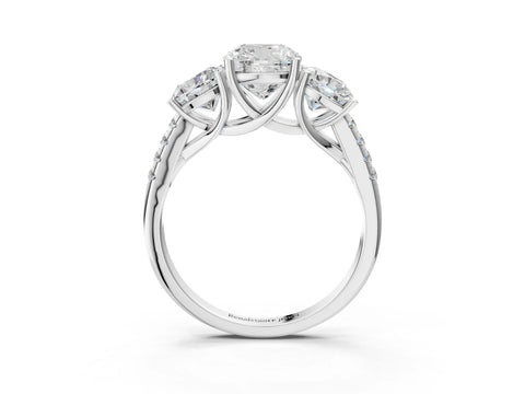 White gold Three-Stone Cushion Cut Diamond Ring with Round with Moissanite side stone Pavé Band and Prong Setting_3