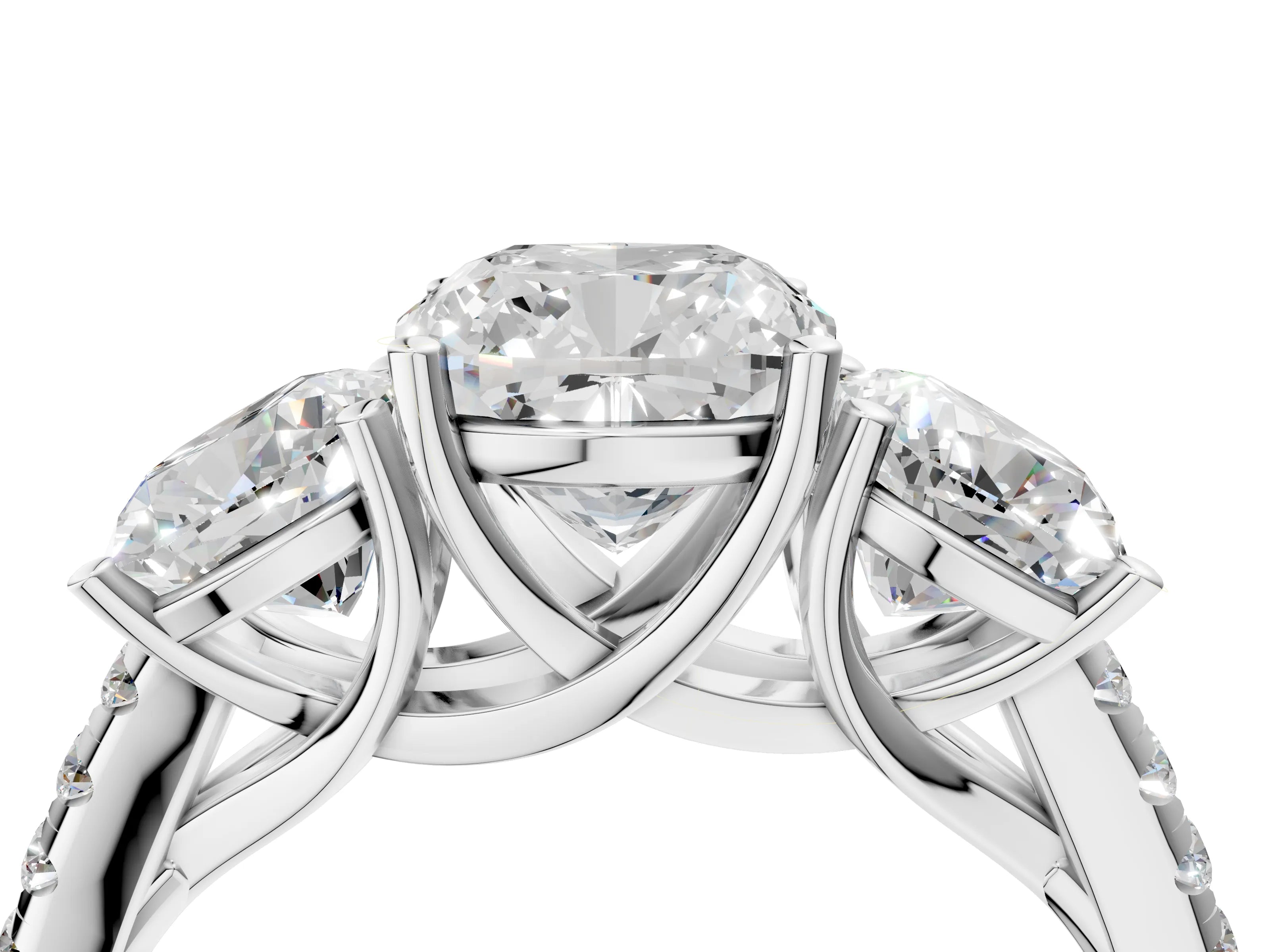 White gold Three-Stone Cushion Cut Diamond Ring with Round with Moissanite side stone Pavé Band and Prong Setting_4