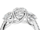 White gold Three-Stone Cushion Cut Diamond Ring with Round with Moissanite side stone Pavé Band and Prong Setting_4