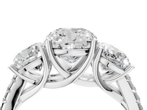 White gold Three-Stone Cushion Cut Diamond Ring with Round with Moissanite side stone Pavé Band and Prong Setting_4