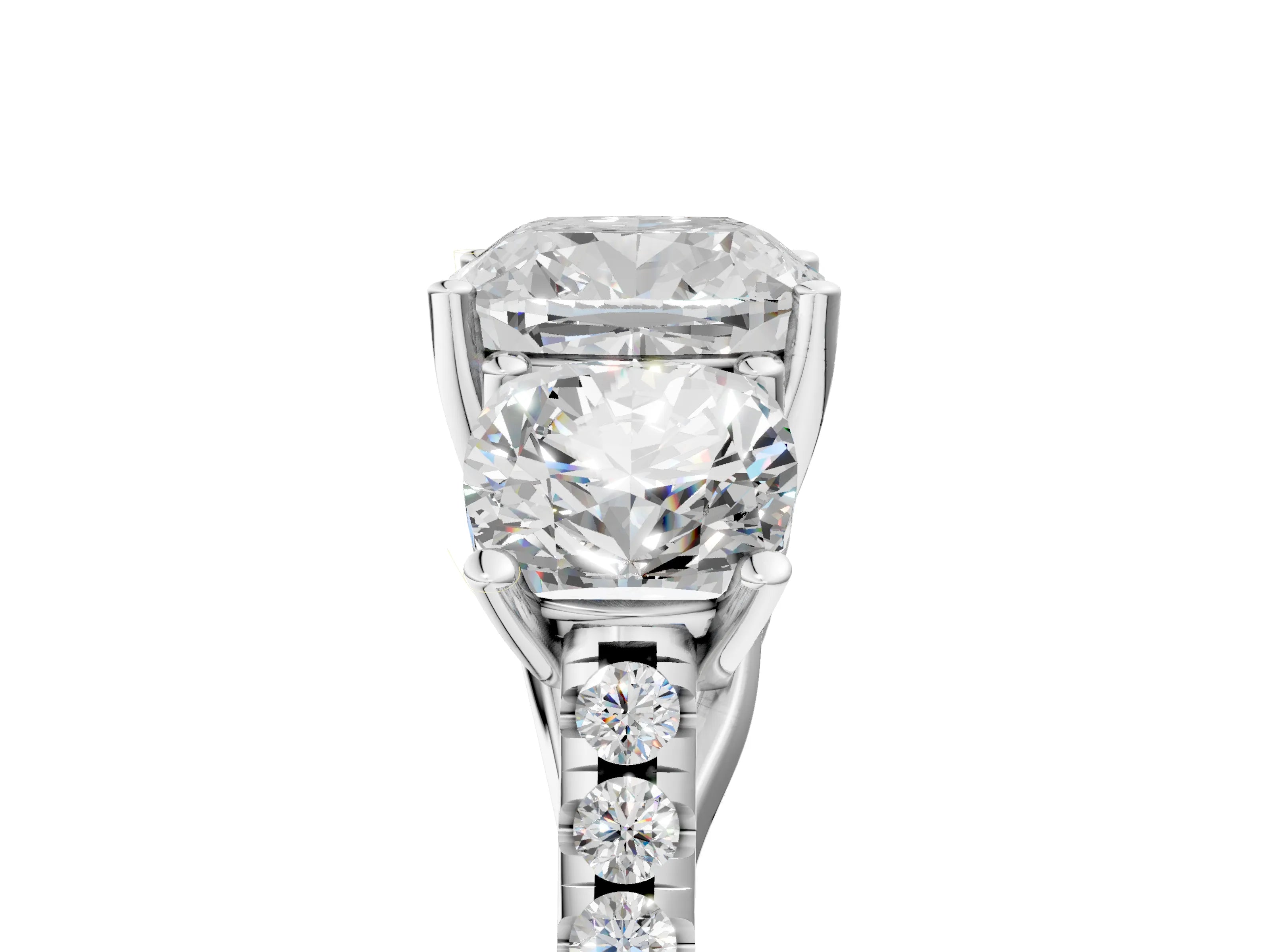 White gold Three-Stone Cushion Cut Diamond Ring with Round with Moissanite side stone Pavé Band and Prong Setting_5