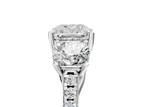 White gold Three-Stone Cushion Cut Diamond Ring with Round with Moissanite side stone Pavé Band and Prong Setting_5