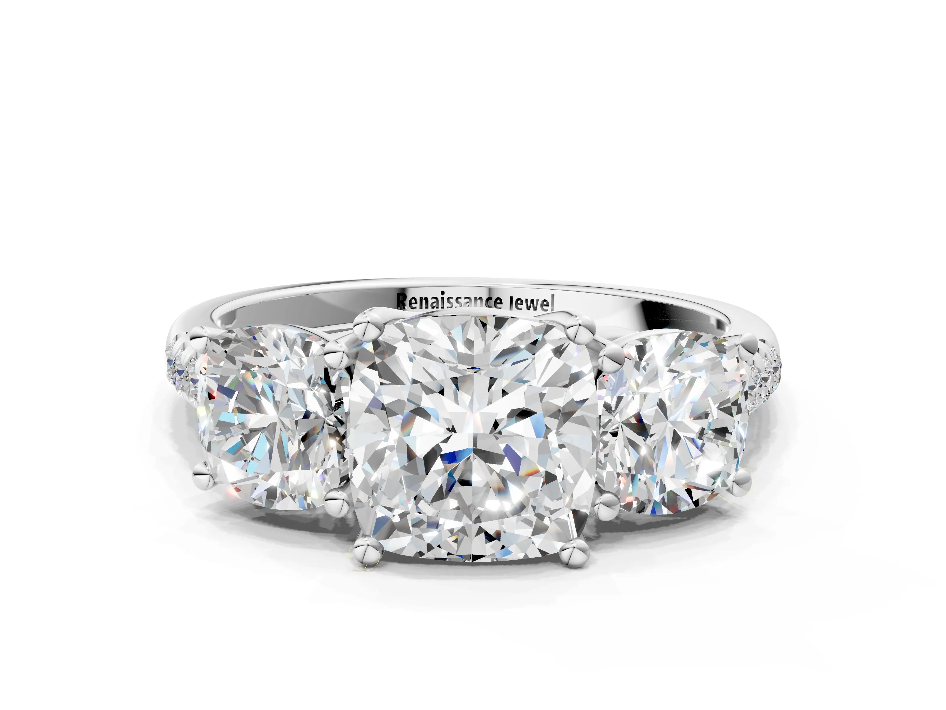 White gold Three-Stone Cushion Cut Diamond Ring with Round with Moissanite side stone Pavé Band and Prong Setting
