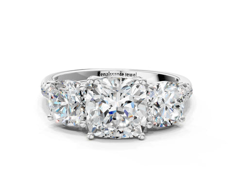 White gold Three-Stone Cushion Cut Diamond Ring with Round with Moissanite side stone Pavé Band and Prong Setting