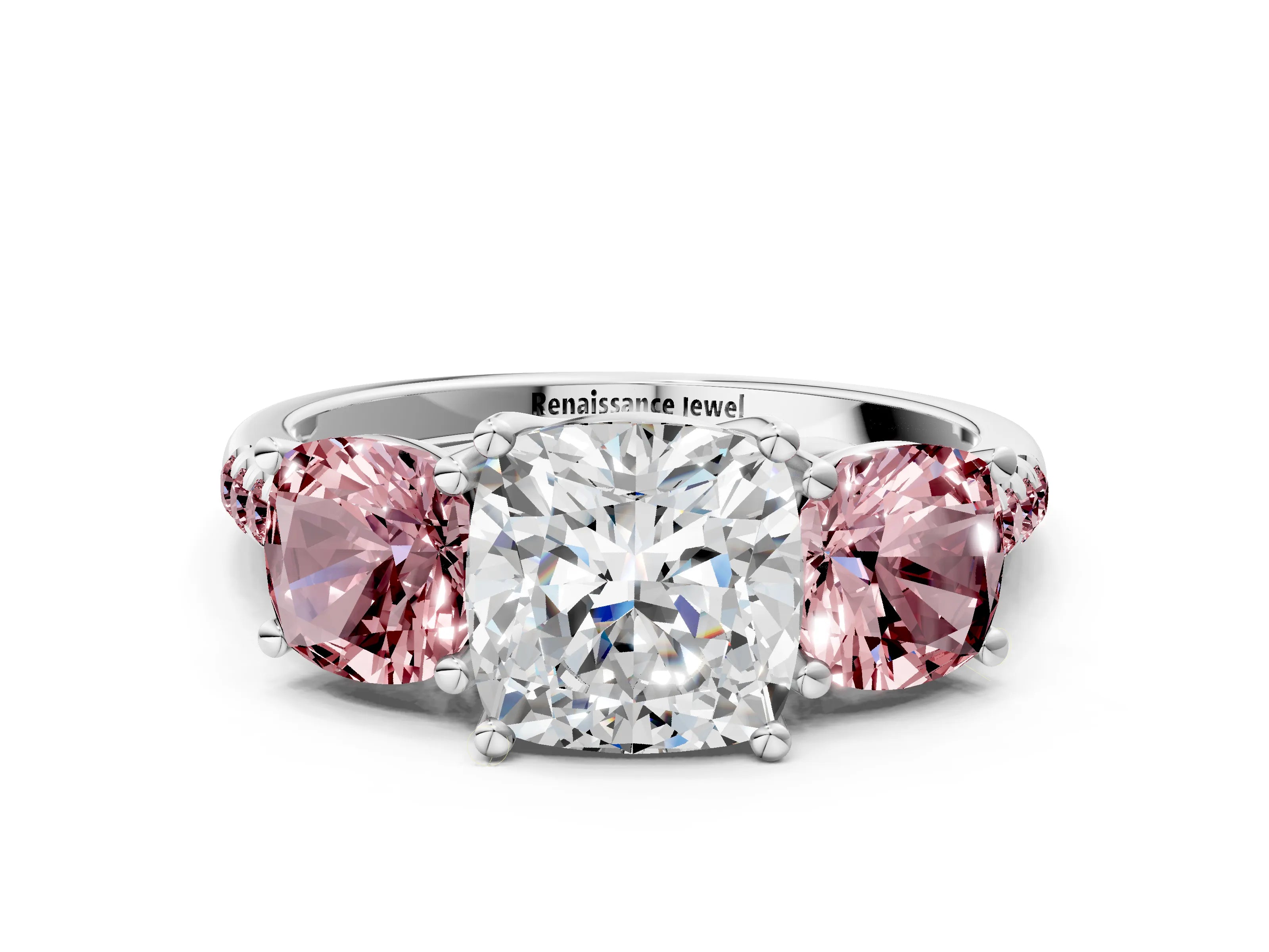 White gold Three-Stone Cushion Cut Diamond Ring with Round with Morganite side stone Pavé Band and Prong Setting