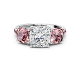 White gold Three-Stone Cushion Cut Diamond Ring with Round with Morganite side stone Pavé Band and Prong Setting