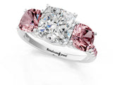 White gold Three-Stone Cushion Cut Diamond Ring with Round with Morganite side stone Pavé Band and Prong Setting_1