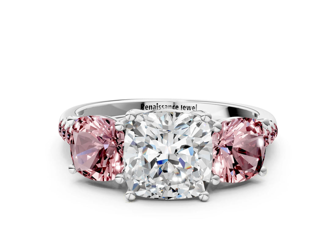 White gold Three-Stone Cushion Cut Diamond Ring with Round with Morganite side stone Pavé Band and Prong Setting_12