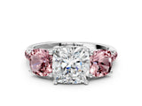 White gold Three-Stone Cushion Cut Diamond Ring with Round with Morganite side stone Pavé Band and Prong Setting_12