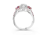 White gold Three-Stone Cushion Cut Diamond Ring with Round with Morganite side stone Pavé Band and Prong Setting_15